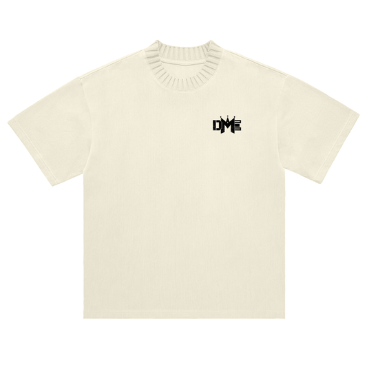 Beige sweater with a black logo on a white background